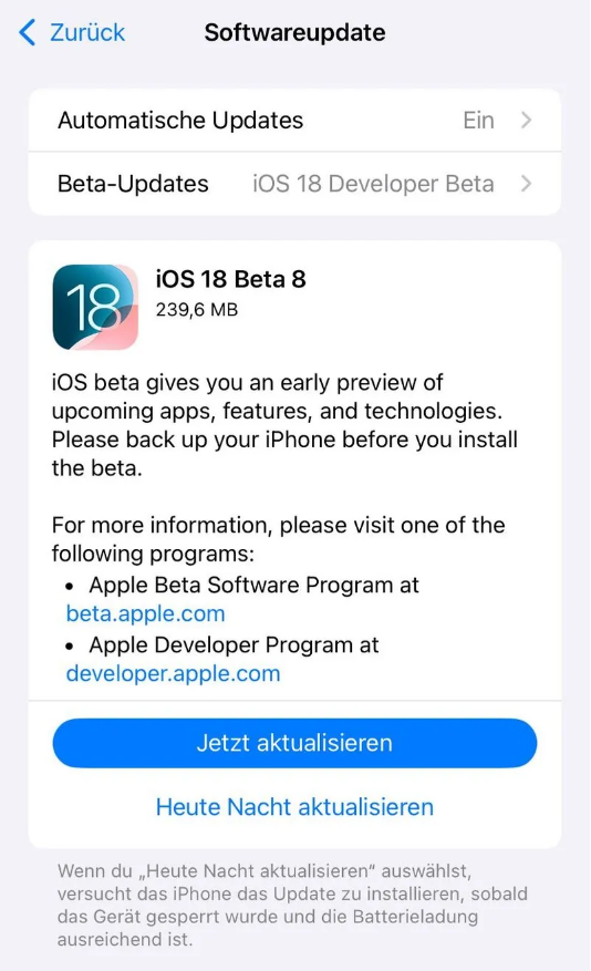 玄武苹果手机维修分享苹果 iOS / iPadOS 18 开发者预览版 Beta 8 发布 